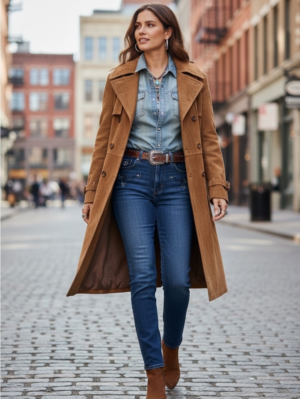 Vintage Rare 70’s Camel Tan Suede Double Breasted Western Long Trench Coat